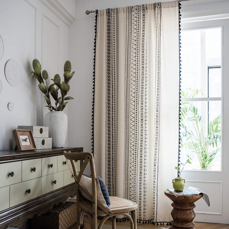 ColorBird Boho Curtains 84 Inches Length Modern Farmhouse Decor Black and White Striped Geometric Aztec Western Window Treatment Cream Curtain & Drapes 2 Panels for Living Bedroom Dining Room - Image 2